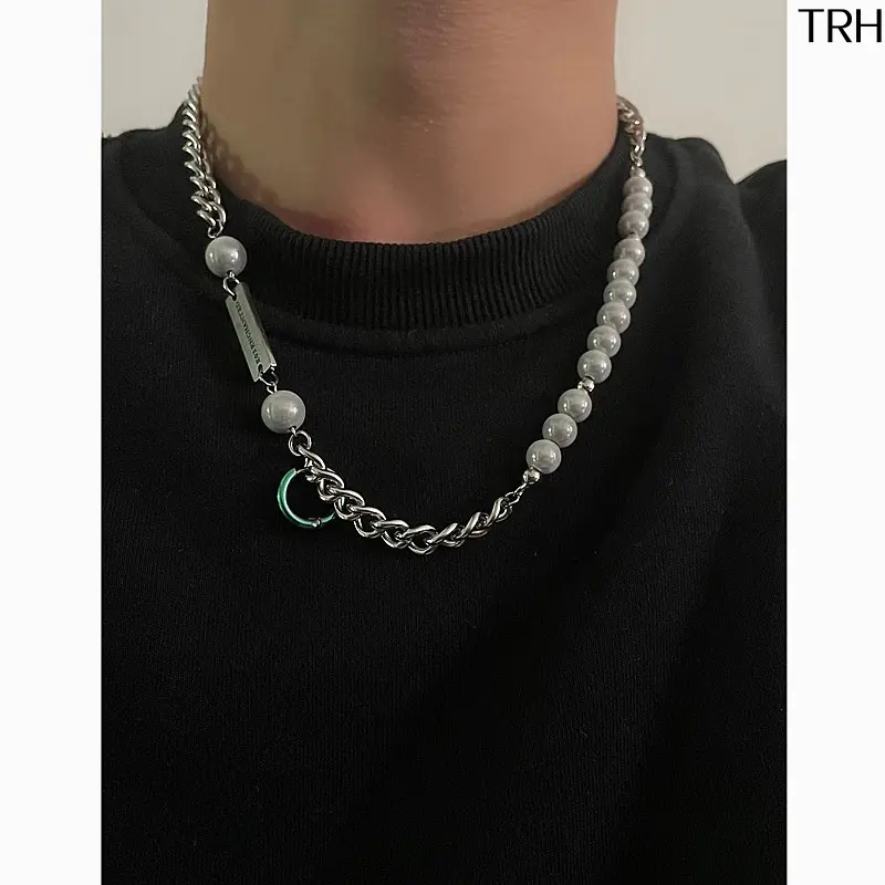 Milky Cat Eye Stone Mixed Cuban Chain Choker For Women, Unique Oriental Designer Layered Collar Necklace, Iridescent Circle Bar Tag Pendant, Viral Edgy Streetwear Cool Tone Anti-Tarnish Stainless Steel Statement Neck Jewelry