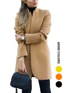 Renaishow Women's Stand Collar Open Front Pea Coat Casual Long Sleeve Outerwear for Fall & Winter Daily Wear with Invisible Pockets Mid-Length Blazer Trench Essential Everyday Style