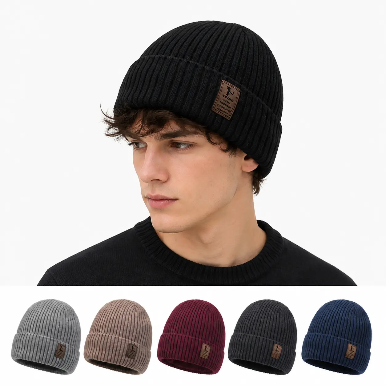 【Black Friday】Unisex Fleece Lined Ribbed Knit Beanie Hat - Warm Winter Skull Cap with Leather Patch for Men & Women Outdoor Skiing & Cold Weather