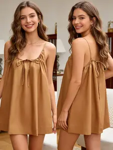 Women's Plain Backless Loose Fit Nightdress, Boho Style Sleeveless Sling Dress, Front & Rear Tie Design, Home Wear Multi-Color, Loungewear