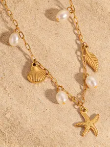 Summer Beach Surfer Jewelry for Women, 14k Gold Pearl Starfish Seashell Charm Necklace Gift