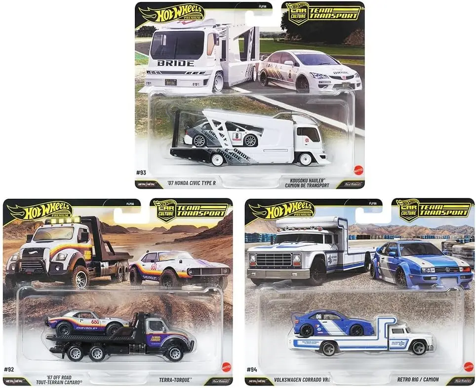 Hot Wheels Premium Car Culture Team Transport L Case - 3-Piece Diecast Model Cars Set (FLF56-957L) with Diecast Vehicles, Off Road Design, Real Rubber Tires, Mini Display Units, Metal Body, Mini Display Model Cars