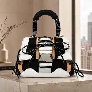 Trendy Lace-Up Top Handle Bag for Women, Colorblock Satchel Purse with Bow Tie Detail, Structured Mini Handbag, Fashion Shoulder Bag for Daily Outfits