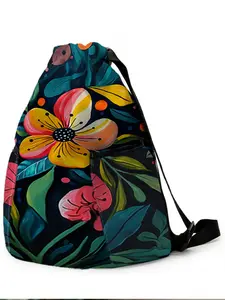 1 piece of floral pattern print 2D print drawstring backpack - large capacity durable fitness bag, with adjustable shoulder straps, suitable for sports and beach use by both men and women, essential for travel, hiking, and camping