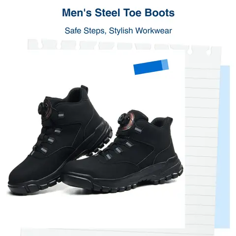 Men’s Minimalist Faux Leather Steel Toe Lace-Up Closed Worker Boots - Men's Shoes, All Seasons, All-Day Wear, Round Toe, Colorblock, Non-Slip, Shock-Absorbing, Wear-Resistant, Breathable, Comfortable, Waterproof, Oilproof Work & Safety Footwear, Black