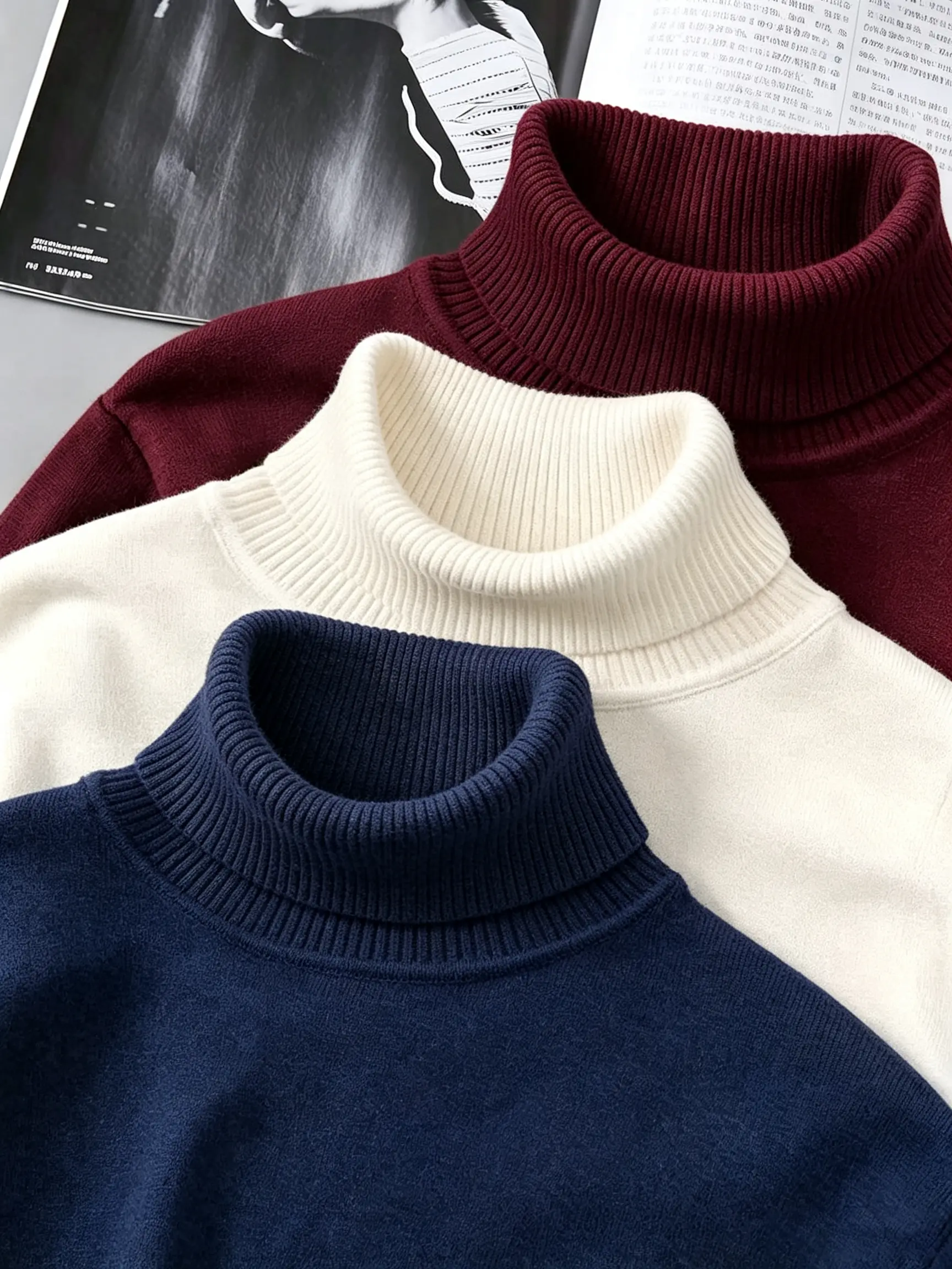 Men’s Winter High-Neck Long Sleeve Knit Sweater - Plain, Stylish, Slim-Fit, Warm Menswear Fabric Base Layer for Versatile Wear