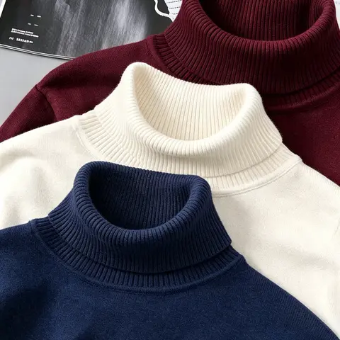 Men’s Winter High-Neck Long Sleeve Knitwear Sweater - Plain, Stylish, Slim Fit, Extra Warm Polyester Casual Base Layer Top for Versatile Wear