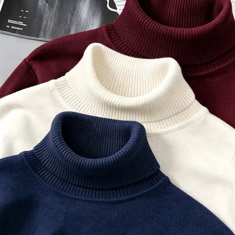 Men’s Winter High-Neck Long Sleeve Knitwear Sweater - Plain, Stylish, Slim Fit, Extra Warm Polyester Casual Base Layer Top for Versatile Wear