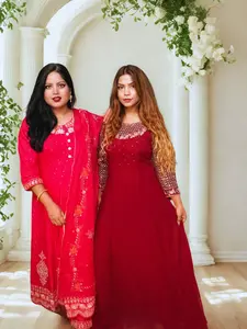 🛍️ Pink Embroidered Kurta Set & Maroon Anarkali Gown – Festive Elegance Collection