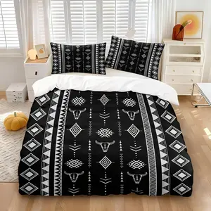 Black White Aztec Bull Skull Duvet Cover Set, 1 Duvet Cover + 1/2 Pillowcases, No Core, Soft Breathable Bedding for Western Bedroom Decor