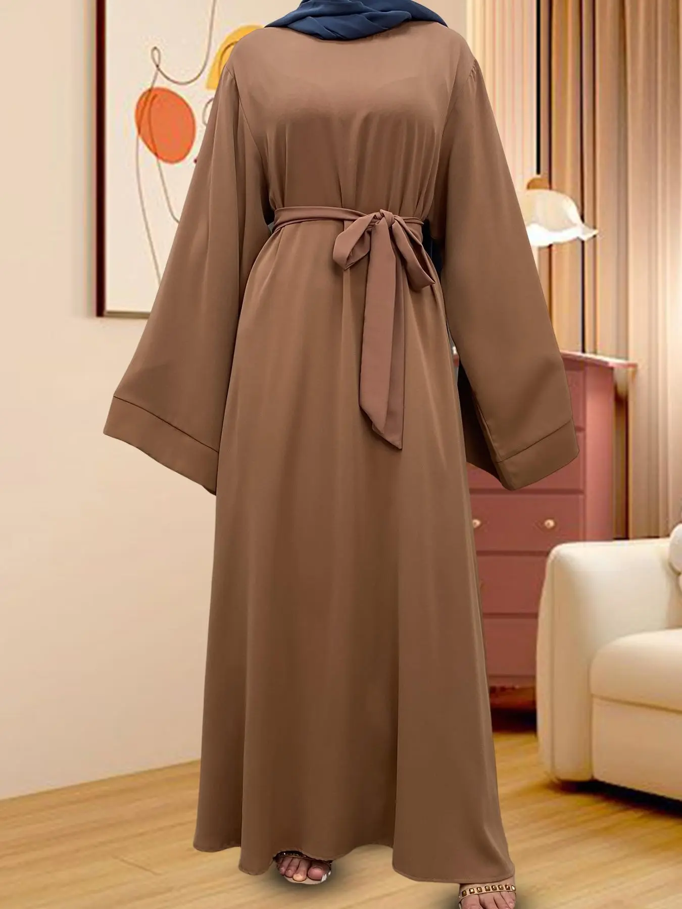 Women's Solid Color Belted Woven Abaya, Casual Long Sleeve Lounge Dress for Daily Wear, Ladies Sleepwear for All Seasons