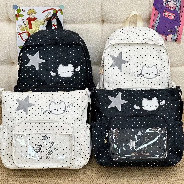 Girls' Kawaii Polka Dot School Backpack - Embroidered Kitty Design, Star Accent, Clear Pocket Casual Campus Daypack for Daily School Use