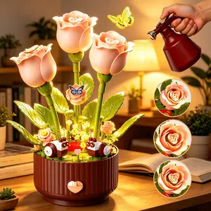 Creative Floral Assembly Kit with Lighting and Blooming Animation Effects, Includes Remote-Controlled Watering Can (with Watering Sound Effects), Blooming Rose Building Block Gift Set, 334 Pieces