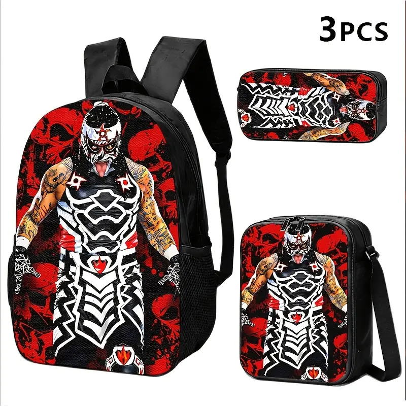 3-Piece Kids' Backpack Set with Lucha Libre & Skull Full-Print, Water-Resistant Oxford Fabric School Bag & Lunch Box for 15-Inch Laptop, Zipper
