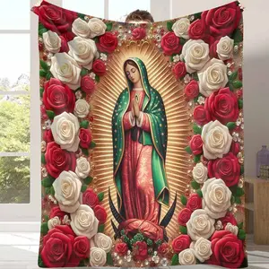 Religious Icon Flannel Blanket with Red and White Rose Print  Soft Warm Lightweight  Perfect for Home Decor  Spiritual Retreats  Prayer Rooms  Holiday Gifting  Cozy Reading Nooks