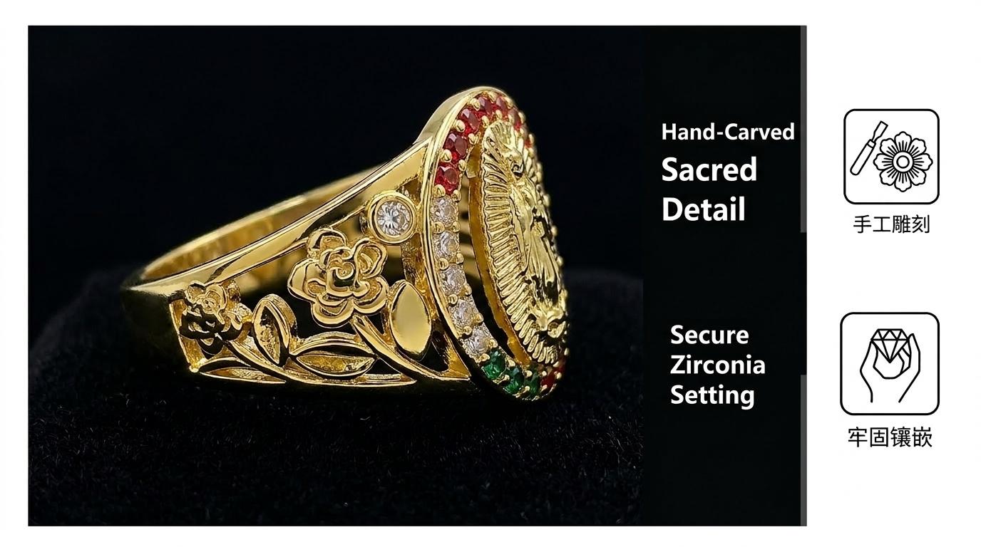 Our Lady of Guadalupe Color Zircon Ring, Vintage Gold Plated Hollow Carved Ring, Religious Prayer Jewelry, Gift for Elderly & Church Members