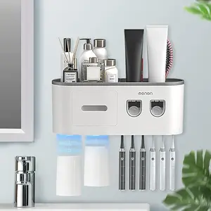 Wall Mount Toothbrush Holder with 4 Cups Smart Sterilizer Waterproof Durable Modern Black Bathroom Organizer