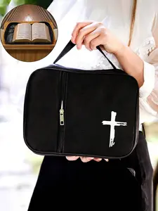 Stylish Simple Cross Print Bible Storage Bag, Ideal for Students Daily Use, Multi-Functional Large Capacity Tote with Zipper Pocket, Storage Carrying Bag
