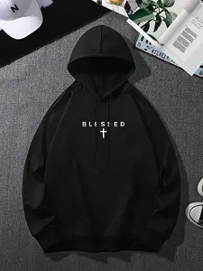 Blessed Cross Print Hoodie, 270G Brushed Fleece Christian Hooded Sweatshirt, Religious Faith Pullover, Soft Warm Casual Streetwear For Men Women