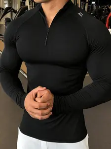 Men's Half-Zip Fitted Gym Top, High-Quality Stretch Quick-Dry Fabric, Stand Collar with Run Detail, Performance Long Sleeve Sports Shirt, Quick Drying Top, Workout Sportswear, Workout Activewear