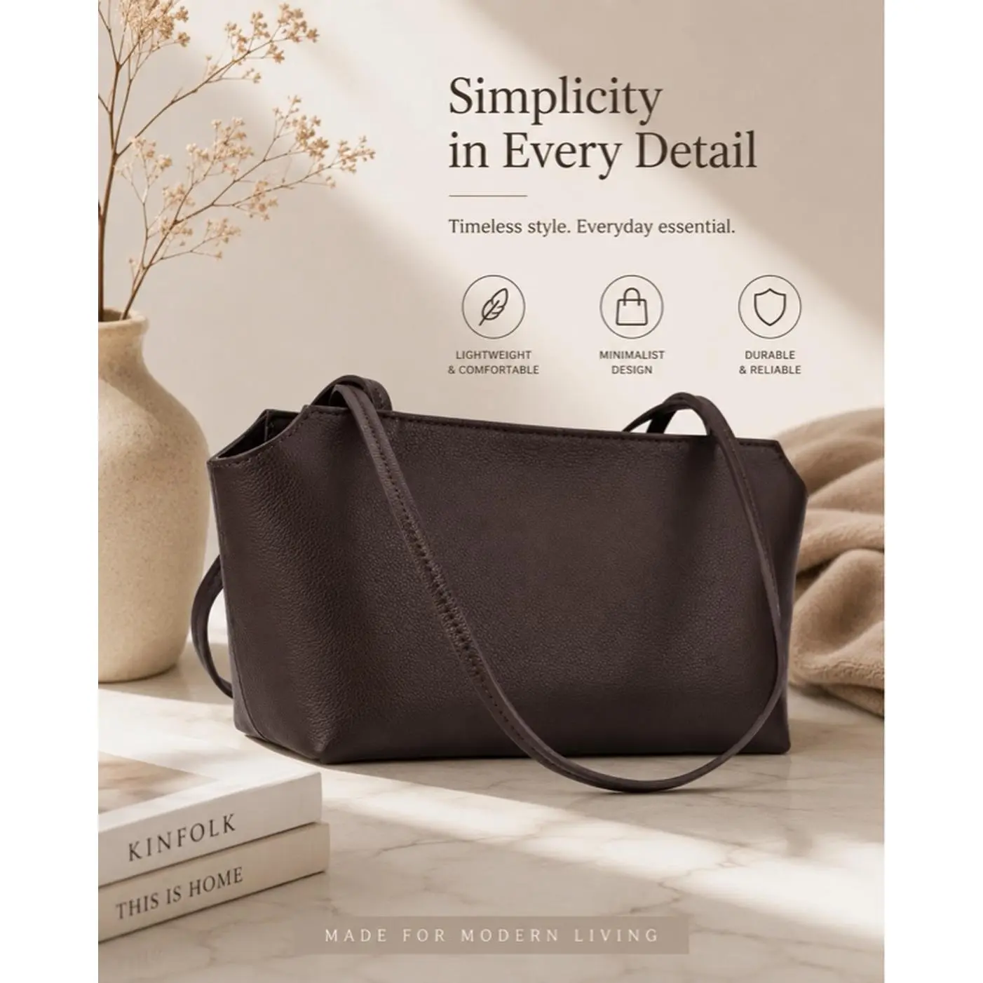 JIA Bag No Logo Genuine Cowhide Leather Minimalist Every Day Lightweight Purse Shoulder Bag in Coffee Brown Black Wine Red White Khaki