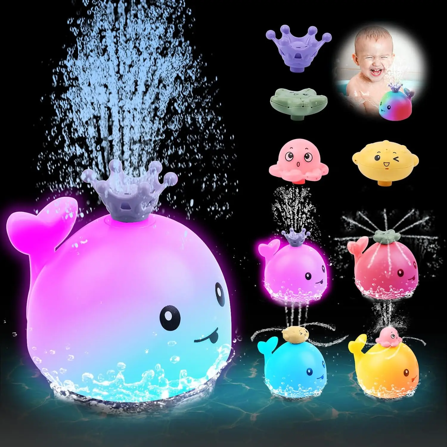 Baby Whale Bath Toy Sprinkler – Light-Up Bathtub Fountain Toy with 4 Water Spray Patterns – Waterproof Floating Toy for Toddlers Ages 1-3 – Fun Baby S