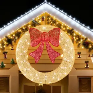 Pre-Lit Christmas Wreath, LED Lighted Holiday Outdoor Decoration with Bow for Door, Mantel, Wall, Windows, Front Door Decor