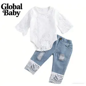 Global Baby Baby Girls Summer Clothes Set Lace Hollow Out Long Sleeve Romper + Ripped Patchwork Jeans Infant Cute 2Pcs Outfits Children's Set Style Children's Jeans Set Premium Children's