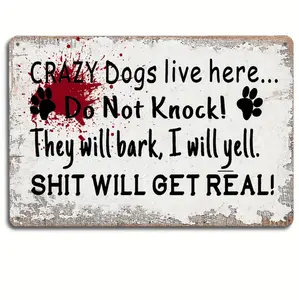 1 Dxsign Humorous Metal Sign, 12X8 Inches - "Crazy Dogs Live Here" Warning Funny Home and Garden Decor for Pet Owners, Don't Knock They Will Bark I’ll Yell Wall & Fence Art, Playful Signage, Vintage Style, Durable Material, Handcr