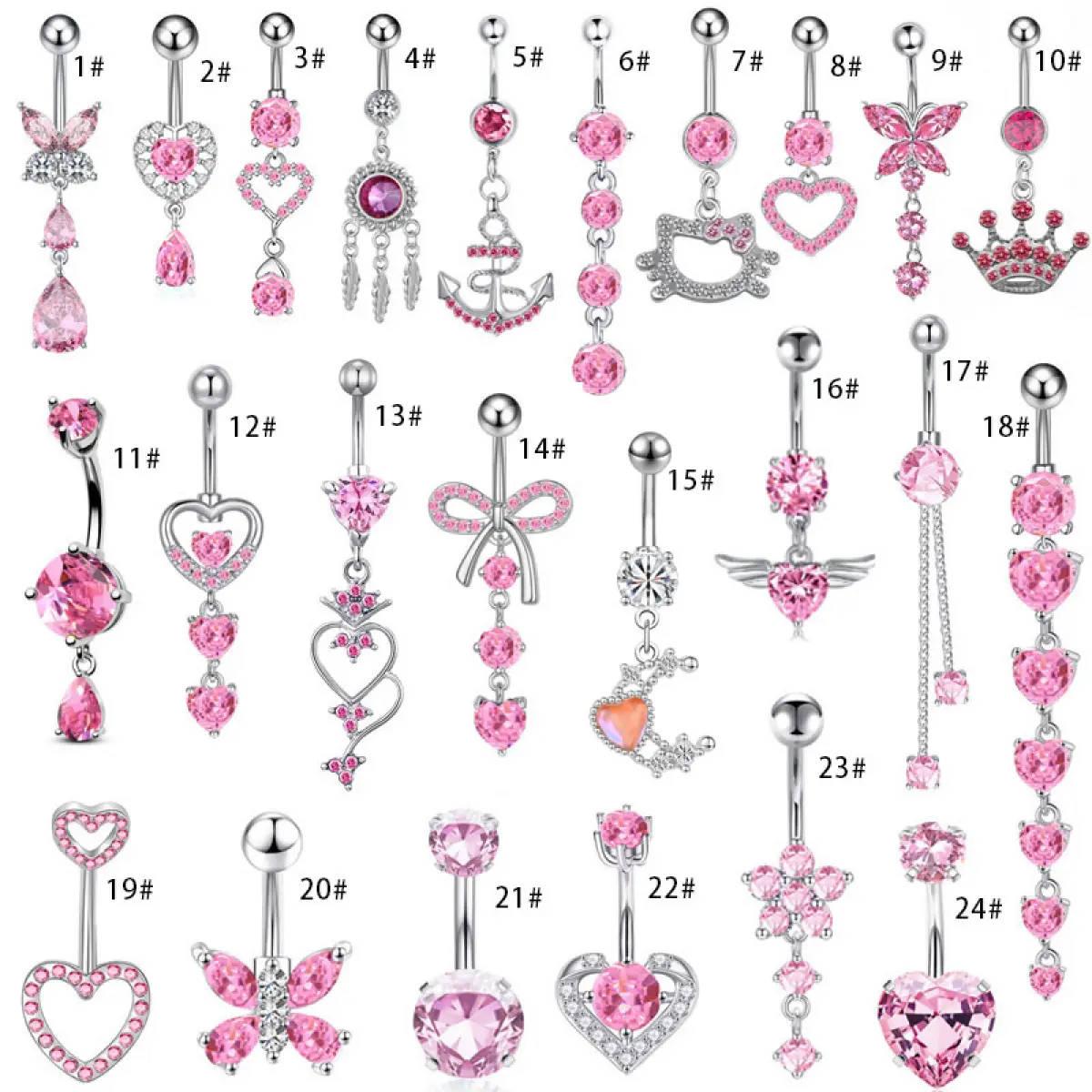 Pink Series Dangle Belly Button Rings for Women Stainless Steel Belly Ring Cat Bowknot Crown Wings Dangling Piercing Jewelry