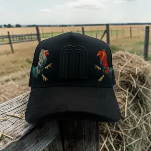 M Gallos SnapBack Black Baseball Cap with Embroidered Roosters and Logo