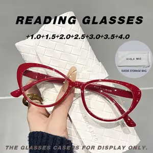 Women's cat eye reading glasses, featuring anti-blue light technology, with a red frame and white leg rest, non-prescription accessories suitable for book, digital screen use, and a great gift option, Reading Eyeglasses