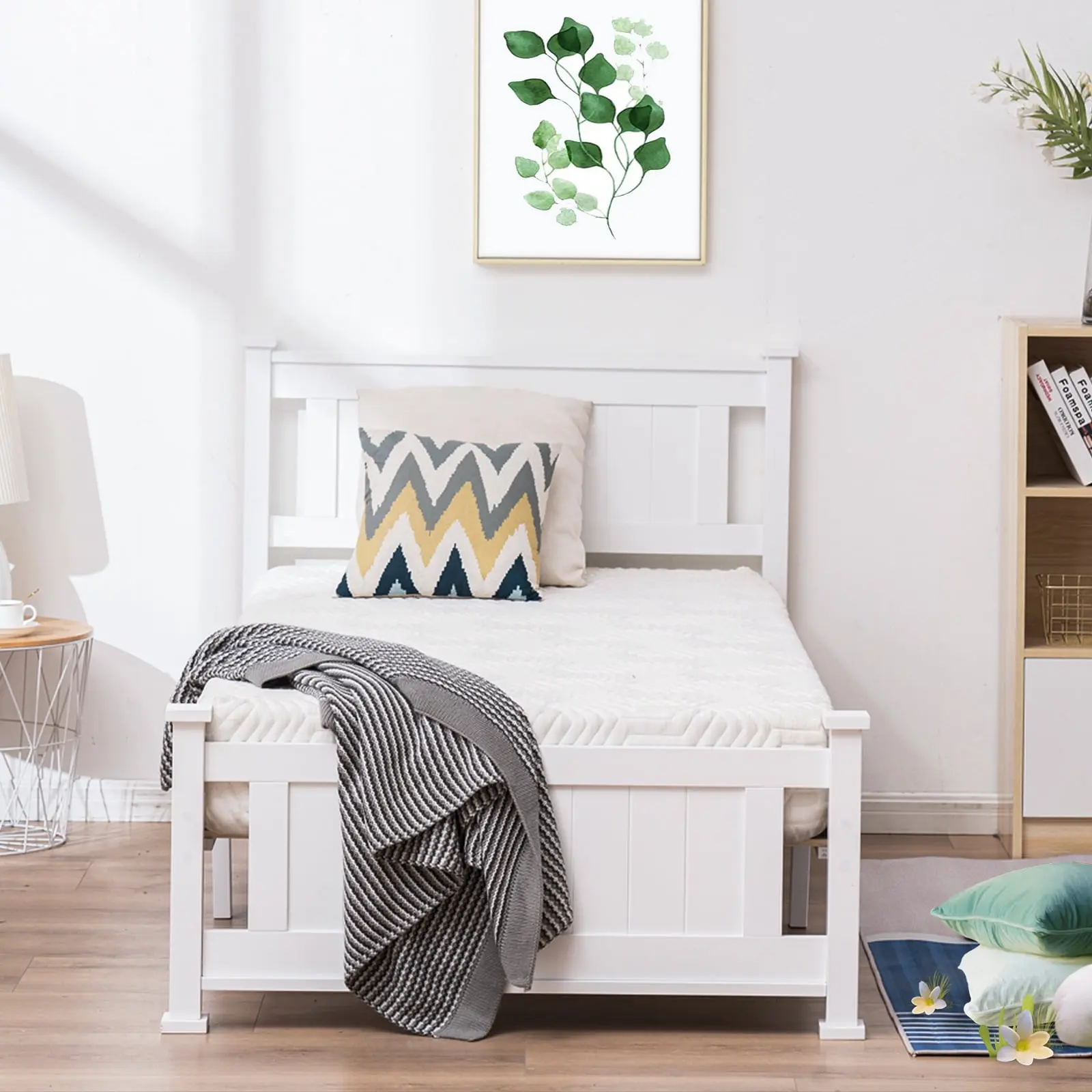 White Twin Bed Frame with Headboard,Modern Wood Bed Single Bed for Adults, No Box Spring Needed Panel Bed