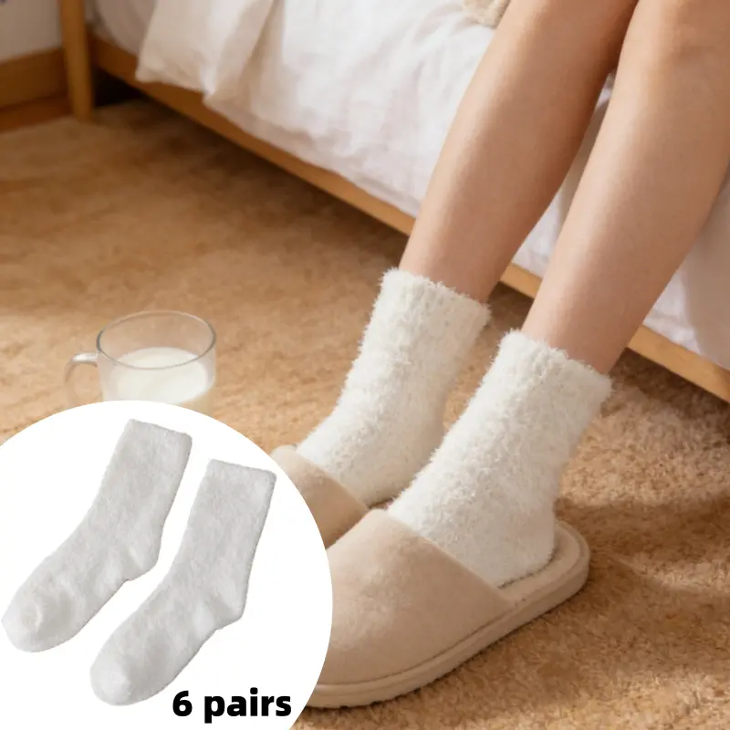 6 pairs Coral velvet socks, Fluffy White Socks Cozy Warm Slipper Sock for Winter Home/Lounge Wear