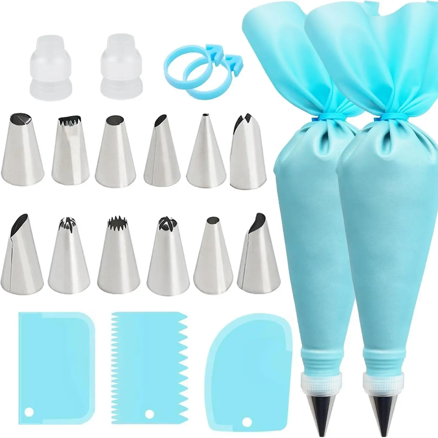 Cake Decorating Tool Set, 21pcs/set Including 2 Reusable Pastry Bags & 12 Icing Nozzles & 2 Silicone Couplers & 3 Scrapers & 2 Fixed Rings, Baking Too