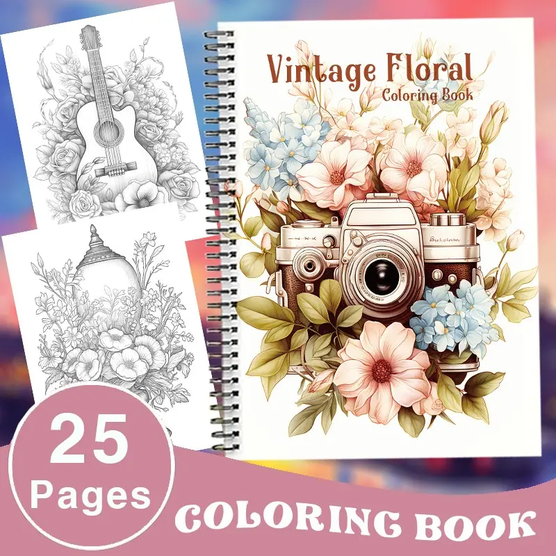 Vintage grayscale fantasy floral coloring book for adults, Versatile Gift, Relaxation, Creative Expression, Diverse illustrations, Artwork, featuring violin flowers, floral patterns on the pages. Spiral binding: 25 pages (100g paper) to prevent leakage
