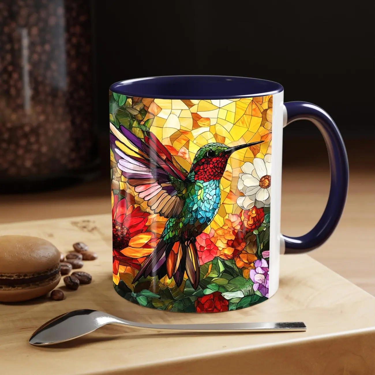 Hummingbird Stained Glass Mug featuring Colorful Hummingbird and Floral Design | Vibrant Bird and Flower Ceramic Coffee Cup