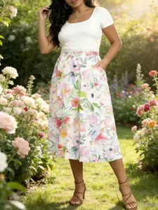 Boho Casual Bohemian Chic Watercolor Floral Midi Dress, High Waist Elastic Waistband Pocket Design, Summer Garden Style, Women's Fashion Skirt