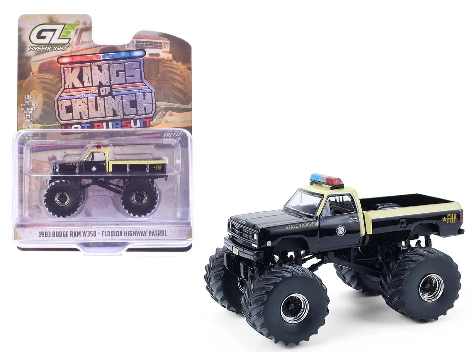 1983 Dodge Ram W350 Monster Truck Black with Cream Top and Stripes 1/64 Scale Diecast Model Cars by Greenlight