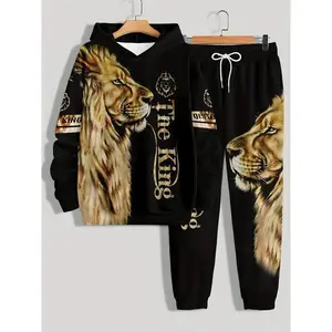 2 pieces of men's' THE KING 'and lion print long sleeved hoodie+pants set, casual trendy set as a gift