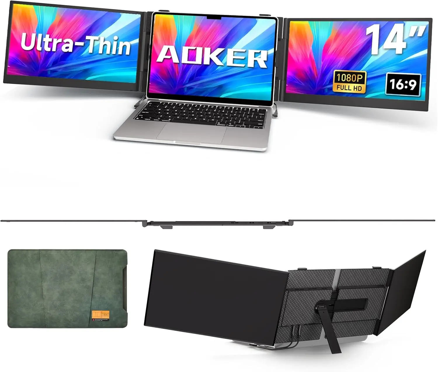 Triple Laptop Screen Extender - Ultra Thin 14" Monitor IPS FHD 1080P Portable Display for 13"-17" Laptops Compatible with Windows Mac Chrome Surface Travel Work Setup-1