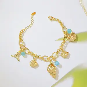 Ocean Style Shell Conch Fish Tail Bracelet 18K Gold Plated Copper with Blue Cat's Eye Stone Niche Design Jewelry