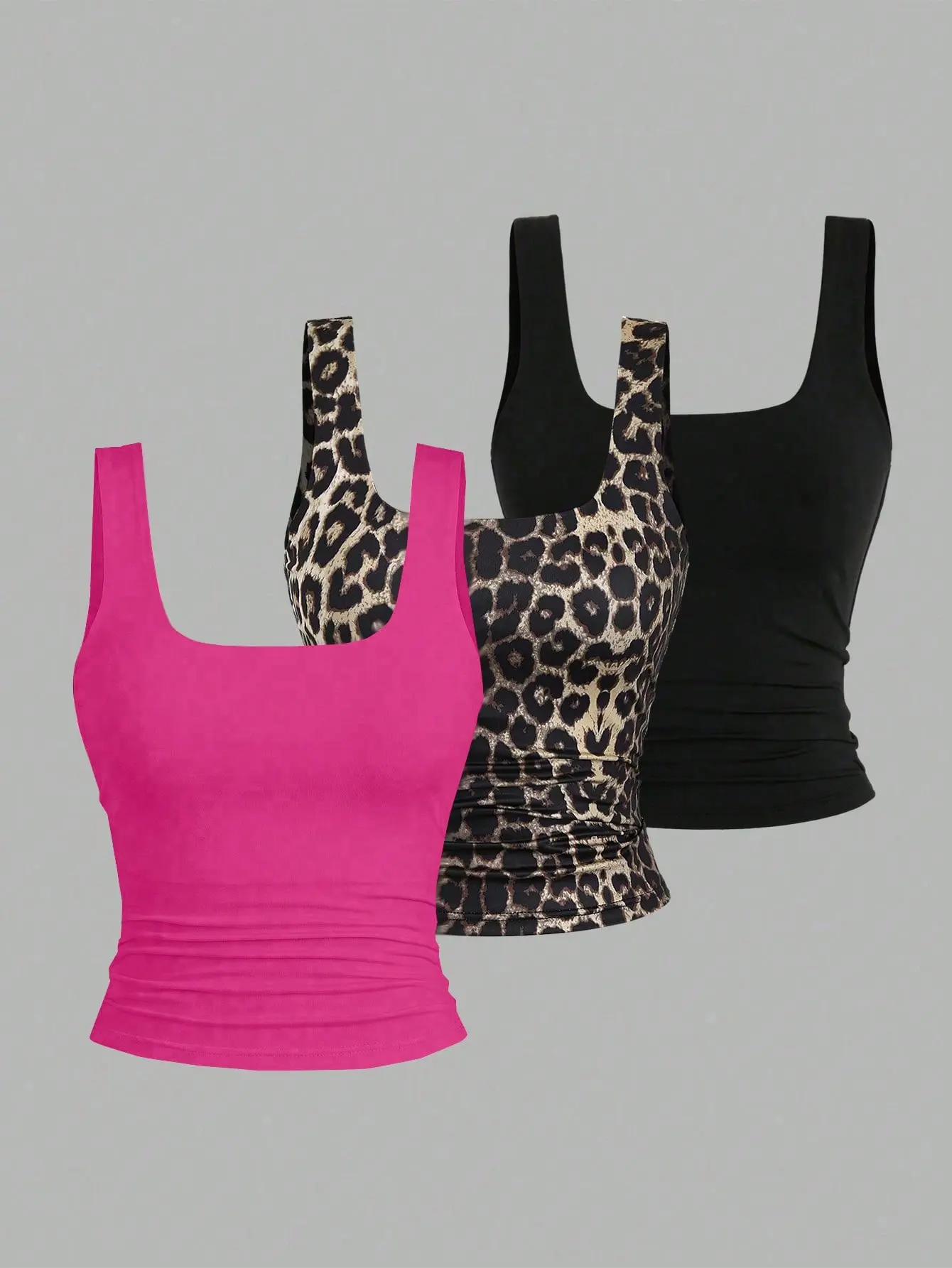 Women Square Neck Pleated Slim Fit Camisole Graphic Cheetah Print Tees Women Tops