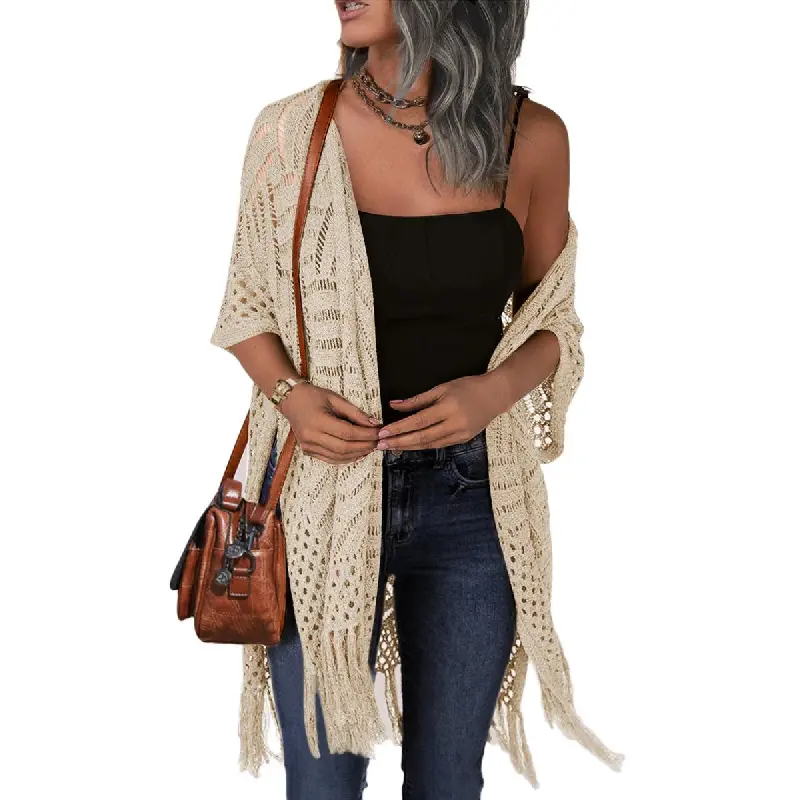 Womens Knit Cardigan Open Front Outwear New Spring & Summer Hollow Out Crochet Tassel Lightweight Kimonos Sweater Springtok dealsforyoudays Outdoorfun