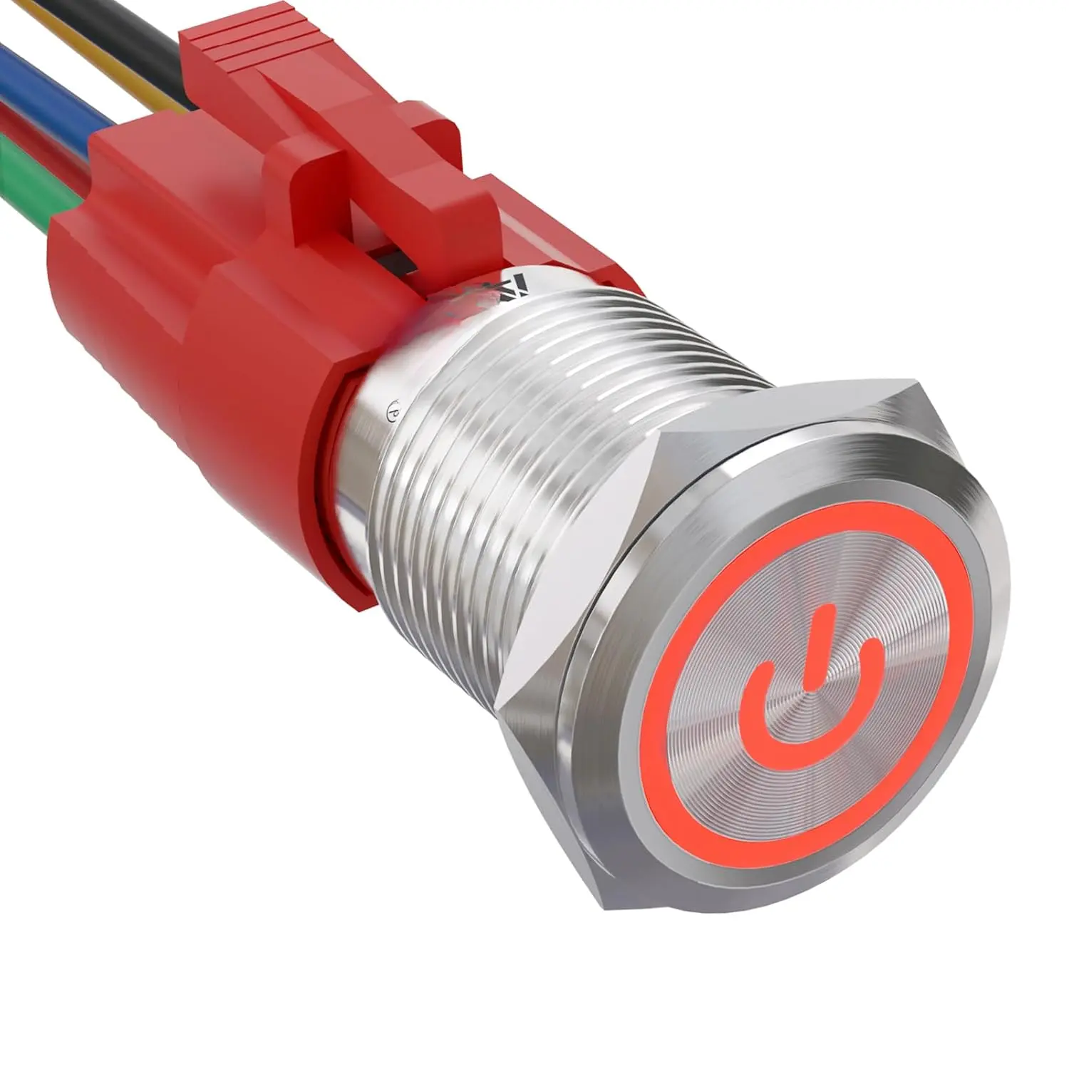 16mm Latching Push Button On Off Switch, 0.63" 12V Power Symbol Ring LED Metal Switch with Socket Plug, 1NO1NC SPDT (Red Shell), 200 Thousand Cycles