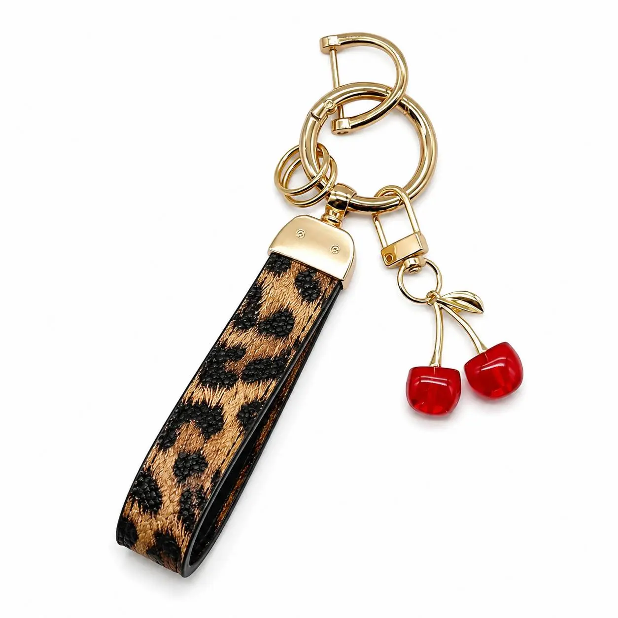 Cherry Wristlet Keychain for Women, Leopard Print Car Key Holder with Gold Key Rings, Cute Purse Charm & Key Fob Gift
