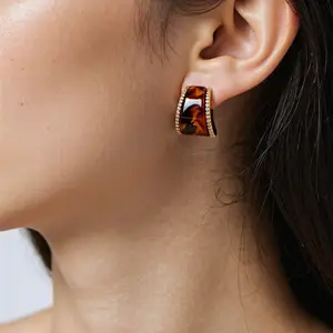 Viral Trendy 2026 Fall Fashion Faux Tortoise Shell C Hoop Stud Earrings for Women Gold Tone with Crystal Accent Vintage Minimalist Clean Girl Jewelry Work to Weekend Wear Party Date Night Outfit Boho Chic Statement Gift for Her Birthday Bridesmaid