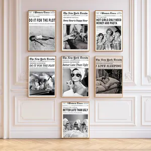 Vintage Women Times Newspaper Canvas Wall Art Black and White Aesthetic Funky Hot Girl Eating Pasta Fashion Prints Trendy 70's Room Aesthetic Poster for Kitchen Bar Cart Girly Dorm Room Art Posters