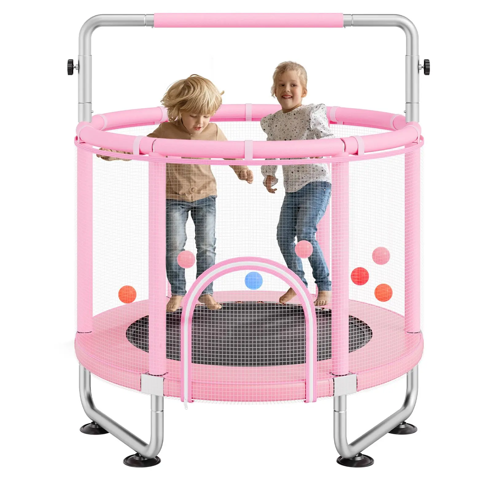 【summerfinds】VEVOR 55" Kids Trampoline, 4.6FT Indoor Outdoor Trampoline, Mini Toddler Recreational Trampolinewith Safety Enclosure Net and Basketball Hoop, Birthday Gifts Christmas Toys for 3+ Years Children, Pink, Reinforced Thickened Trampoline