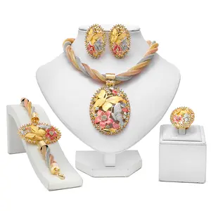 LQ Luxury 4-Piece Tri-Tone Butterfly Jewelry Set - Twisted Mesh Necklace, Bracelet, Earrings & Ring - Colorful Enamel Floral Crystal Pendant - Mixed Metal Gold Silver Rose Gold Statement - Gift for Party & Summer Jewelry Exhibition